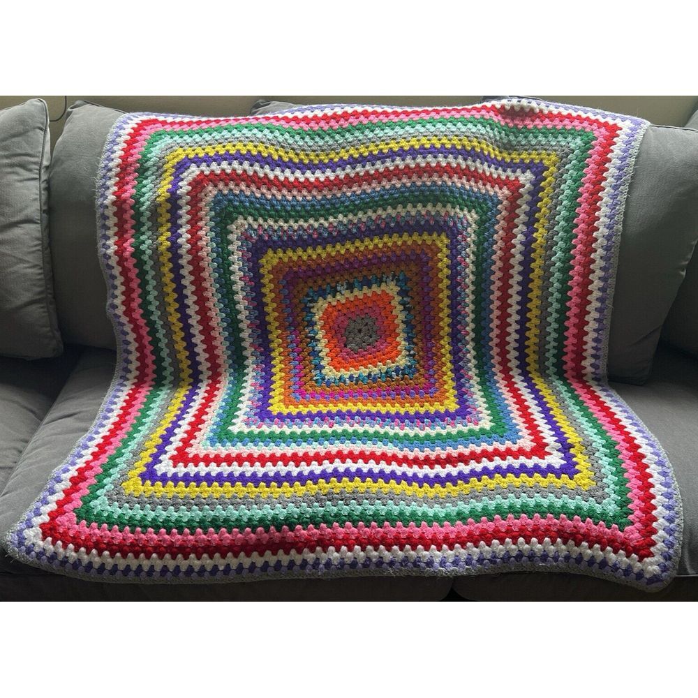 Vtg Crochet Granny Square Afghan Blanket Throw Rainbow Colorful Handmade Square